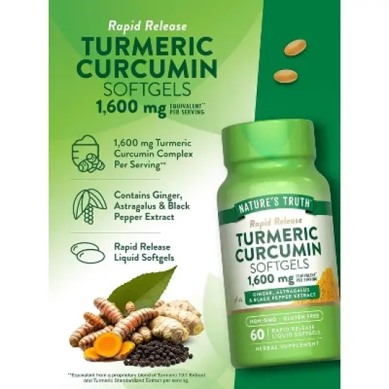 Nature's Truth Turmeric Curcumin 1600mg | 60 Softgels | With Ginger, Astragalus, & Black Pepper Extract image {4}