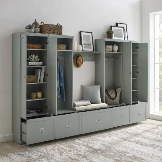6pc Harper Entryway Set with Bench, Shelf, 2 Pantry Closets and 2 Hall Trees - Crosley image {2}