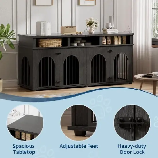 Garvee Double Dog Crate Furniture 71 in Dog Kennel Furniture for 2 Medium Dogs, Heavy Duty Dogs Cage XL  with 3 Storage Shelves and 8 Adjustable Feet image {3}