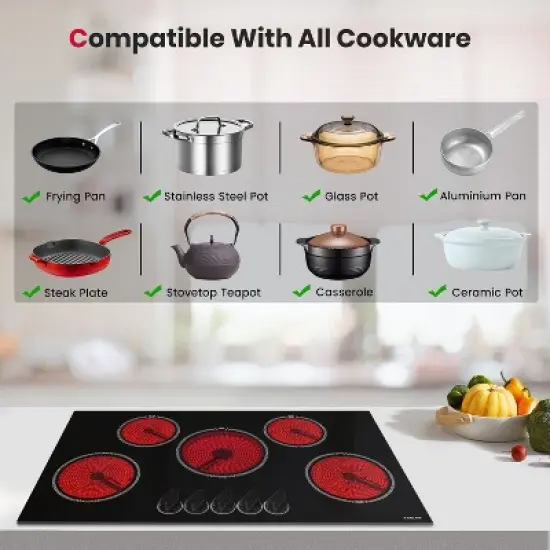 GASLAND CH90BS 36 Inches 5 Burners Built-in Ceramic Electric Cooktop, 240 V 8200 W, ETL Certified, Knob Control image {3}