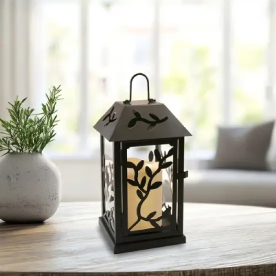 LumaBase Metal Lantern with Battery-Operated Candle - Black Vine image {1}