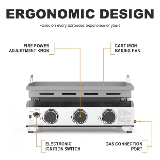 RW FLAME 3-Burner Portable Propane Griddle, 25" 304 Stainless Steel Tabletop Gas Grill, 24,000 BTU for Camping, RVs, Outdoor BBQ image {2}
