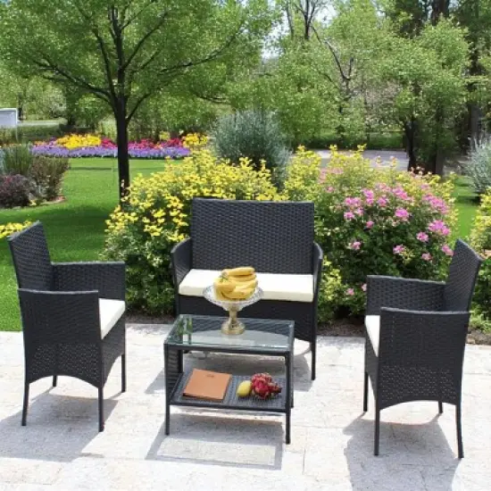 Outdoor Wicker Patio Set with Loveseat, Armchairs, and Tea Table - Water-Resistant Cushions & UV Protection image {9}