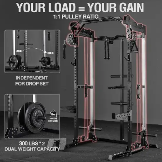 ER KANG Power Cage, 2000LB Squat Rack, Dual Pulley Cable Crossover System, Multi-function Free Weight Home Gym Workout Machine with Attachments image {2}
