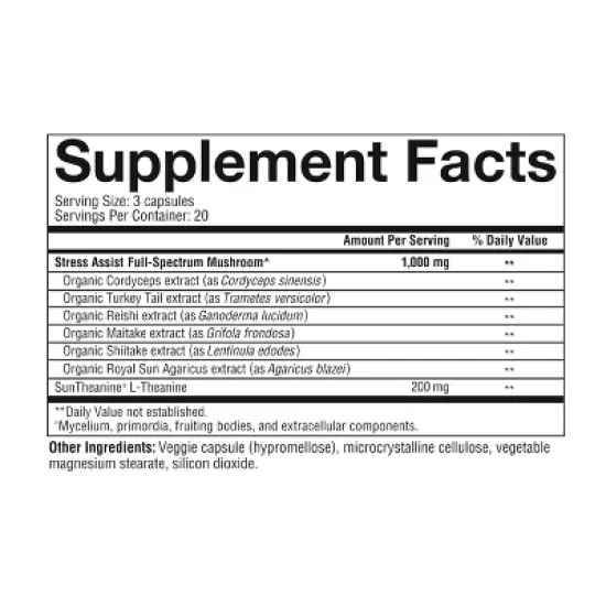 Youtheory Mushroom Stress Complex, Organic Full-Spectrum Mushroom with L-Theanine, Help Reduce Stress and Promotes Sense of Calmness, 60 Vege Capsules image {1}