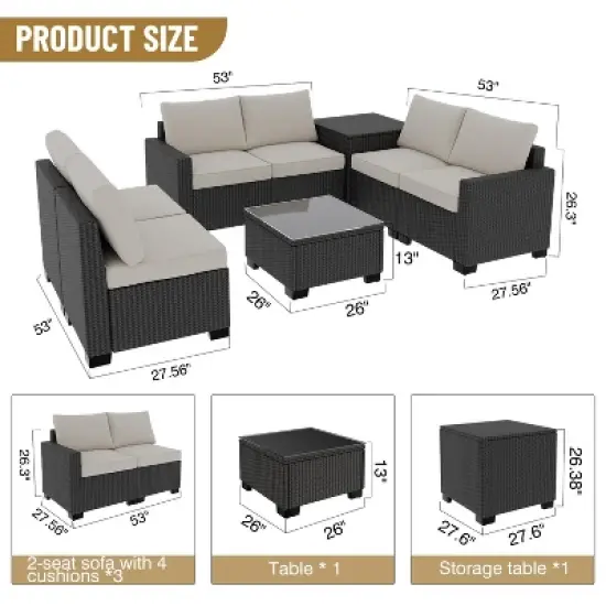 Garvee Outdoor Patio Furniture Set, 8 Piece Patio Rattan Sectional Couch Set,Wicker Patio Conversation Sets with with Storage Box & Glass Top Table image {3}