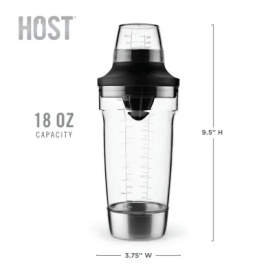 HOST All in One Cocktail Shaker Set|5 in 1 Tool - Jigger Cap|Strainer|Reamer|Stainless Steel Bottle Opener and Oz and mL Markers 18 oz Capacity, Clear image {3}