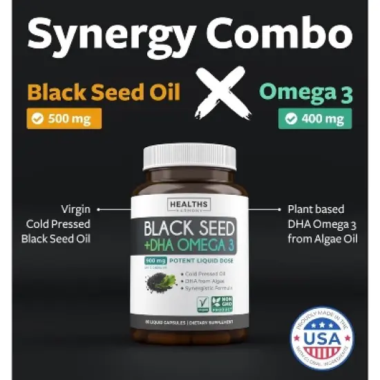 Black Seed Oil + DHA Liquid Capsules, Cold-Pressed Nigella Sativa with Omega 3 DHA for Full Body Wellness & Brain Support, Health's Harmony, 60ct image {1}