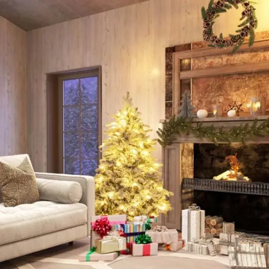 Costway 4.5FT/6FT/7 FT Pre-Lit Flocked Christmas Tree Hinged w/ 120/260/300 LED Lights & 757/1415/1687 Branch Tips image {2}