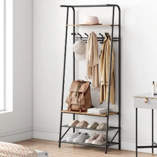 Coat Rack Shoe Bench with Double Row 8 Hooks, 3-Tier Shelf Entryway Hall Tree with Storage, Metal Frame Multifunctional Hallway Organizer, Hallway image {4}