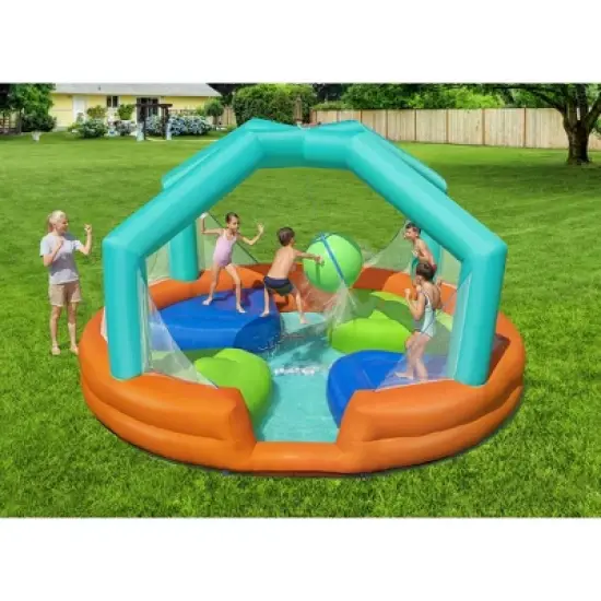 Bestway H2OGO! Dodge & Drench Kids Inflatable Outdoor Water Park with 2 Sprinkler Balls, Ground Stakes, Storage Bag, and Air Blower for Quick Setup image {1}