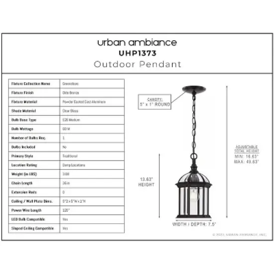 Urban Ambiance Luxury Transitional Outdoor Pendant 13.625''H x 7.5''W,  Olde Bronze Finish,  Greensboro Collection, UHP1373 image {2}