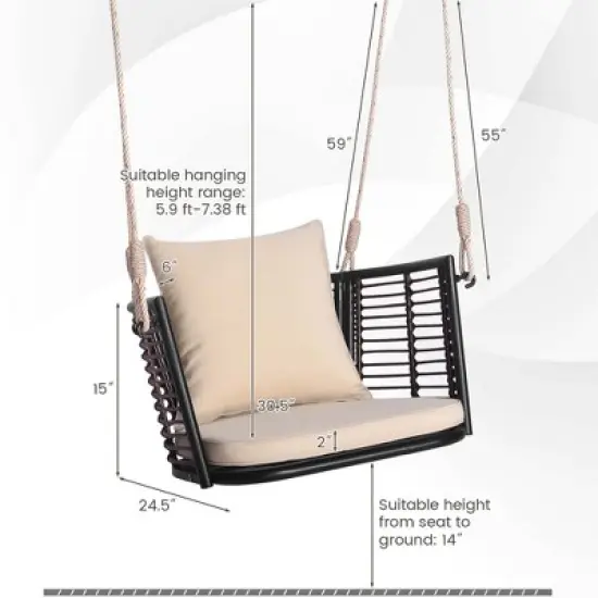 Costway Patio Hanging Rattan Basket Chair Swing Hammock Chair with Seat Cushion image {3}