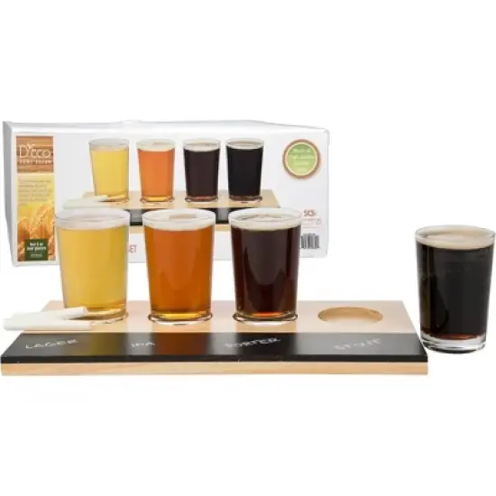 Beer Tasting Flight Sampler Board - Includes Four 6oz Pilsner Craft Brew Glasses & Wooden Paddle w Chalkboard - Great for Game Night & Taste Testing image {5}