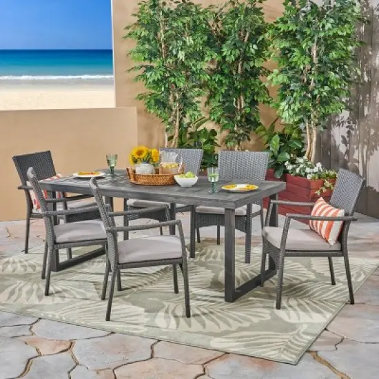 Christopher Knight Home Garner Outdoor Acacia Wood and Wicker 7 Piece Dining Set with Cushion image {1}