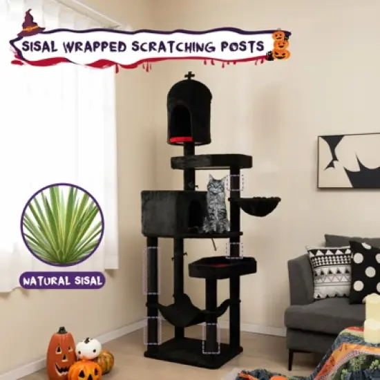 Costway Gothic Cat Tree w/ Sisal Covered Scratching Posts Stylish Cat Furniture for Indoor Cats Black image {8}