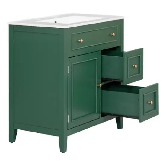 KWPZQEB 30" Bathroom Vanity with Ceramic Sink, Vanity Cabinet with Door & 2 Drawers, Modern Sink Cabinet with Solid Wood Frame for Bathroom image {10}