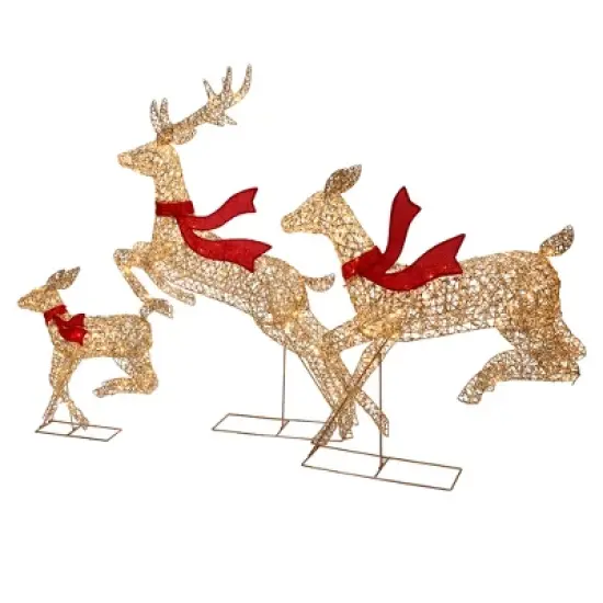 LuxenHome 3-Piece Champagne Gold PET Running Deer Family Outdoor Holiday Decoration with Lights Brown, Red image {6}