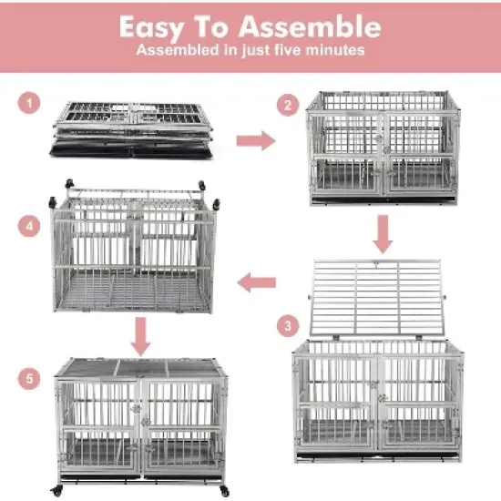 Acekool 48" Heavy-Duty Dog Crate for Large Dogs &ndash; Double Doors, Wheels & Removable Tray image {6}