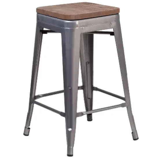 Merrick Lane Clear Coated Gray Metal Bar Counter Stool With Textured Walnut Elm Wood Seat image {4}