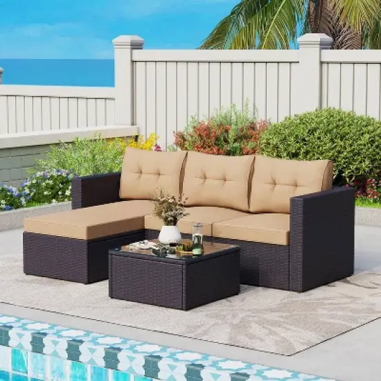 3pc Steel & Wicker Outdoor Conversation Set with Square Coffee Table & Cushions - Captiva Designs
 image {10}