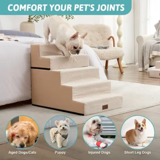 5-Tier Widened Support Pet Stairs, Non-Slip Foldable Dog Steps for Bed & Couch with Removable Cover image {4}