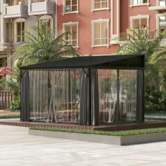 FUFU&GAGA Modern Wall Outdoor Patio Gazebo with Galvanized Steel Hardtop Aluminum Frame, Removable Curtains & Deep Gray Mosquito Netting image {5}