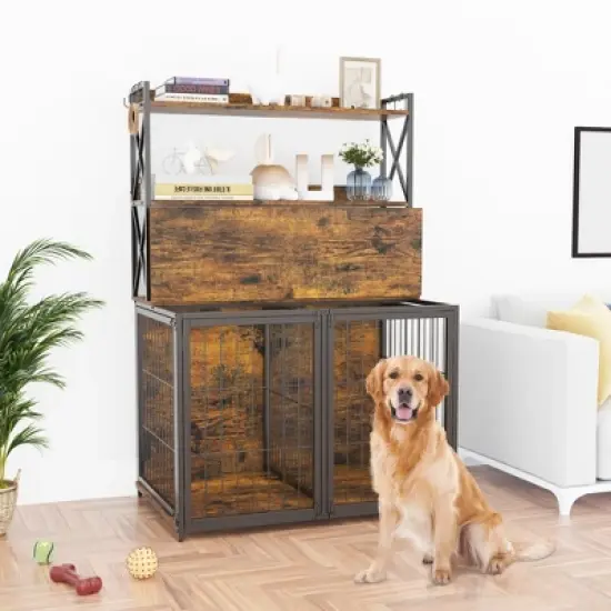 42.5 Inch Dog Crate with Storage Shelves, Large Wooden Dog Kennel End Table with Flip Top, Movable Divider, 3 Doors, Indoor Dog Cage image {1}