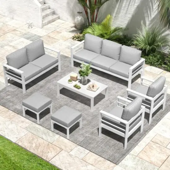 COWLOWN 7 Piece Light Gray Modern Aluminum Outdoor Patio Furniture Set, Coffee Table and Light Gray Cushions, Ideal for Balcony, Porch, Yard and Lawn image {5}