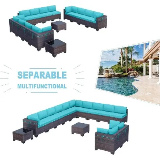ALAULM 14 Pieces Outdoor Patio Furniture Set Outdoor Sectional Rattan Sofa Set Brown Manual Wicker Patio Conversation Set image {5}