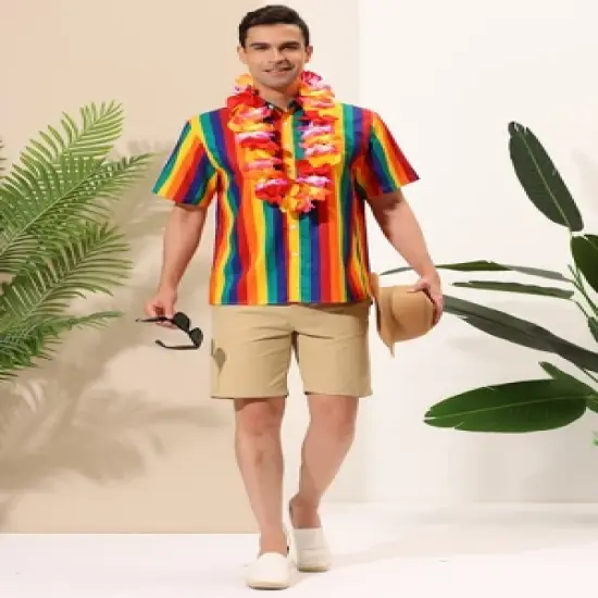 Lars Amadeus Men's Summer Rainbow Stripe Print Short Sleeve Button Down Shirts image {2}