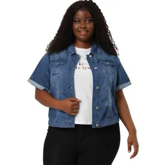 Agnes Orinda Women's Plus Size Denim Button Front Crop Short Sleeve Trucker Jean Jackets image {7}