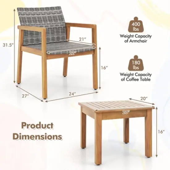 Costway 3 PCS Outdoor Furniture Set, Acacia Wood Frame Sofa Set with Rattan Seat image {2}