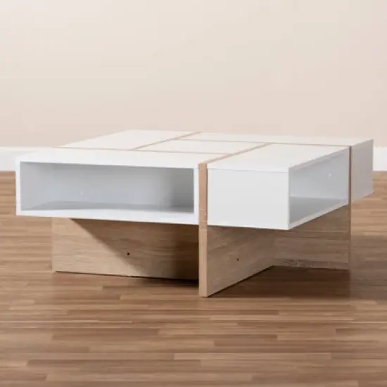 Rasa Wood Coffee Table White/Oak - Baxton Studio: Modern Living Room Furniture, Geometric Design, Open Storage Shelves image {5}