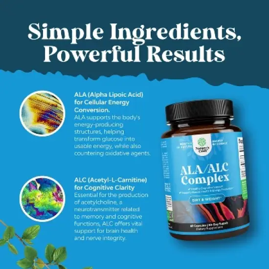 ALA & ALC Capsules, Acetyl L-Carnitine & Alpha Lipoic Acid Antioxidant Supplement for Weight Loss, Skin Health & AMPK Activator, Nature's Craft, 60ct image {3}