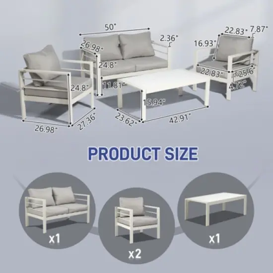 Karl Home White 4-Piece Aluminum Patio Conversation Set with Light Gray Cushions image {2}