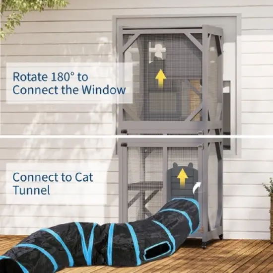 68 Inch Catio Outdoor Cat Enclosure On Wheels, with Waterproof Roof, Wooden Kitty House with Platforms, Upgraded Resting Box and Scratching Post image {6}