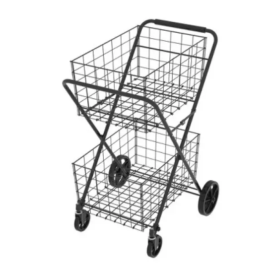HTUTWOO 2 Layers Grocery Cart on Wheels, Jumbo Folding Utility Carts with Double Basket Waterproof Liner for Easy Transport, Groceries, Shopping image {7}