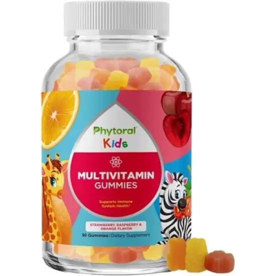 Kids Multivitamin Gummies, Vitamins for Mood Support, Natural Energy Boost & Immune Support, Strawberry, Raspberry & Orange Flavor, Phytoral, 90ct image {8}
