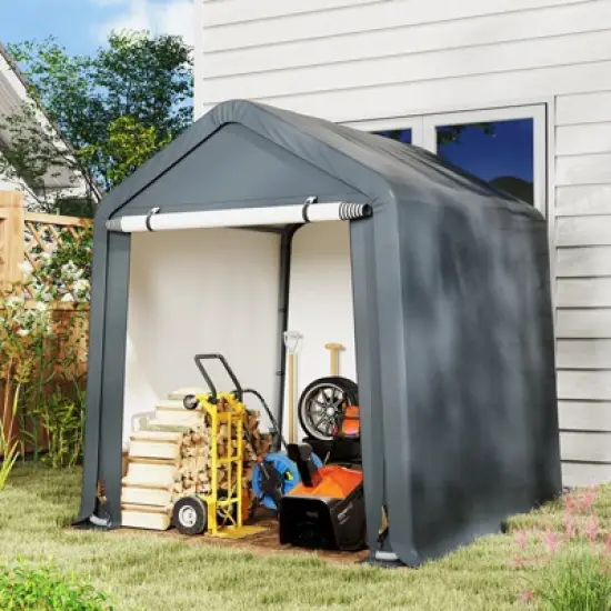 Tangkula 6.5 x 6 FT Portable Motorcycle Bike Shed w/ Roll up Zipper Door Ratchet Strap image {2}