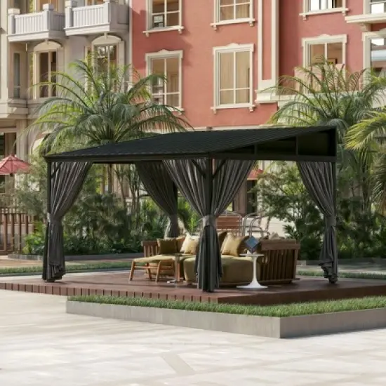FUFU&GAGA Modern Wall Outdoor Patio Gazebo with Galvanized Steel Hardtop Aluminum Frame, Removable Curtains & Deep Gray Mosquito Netting image {9}