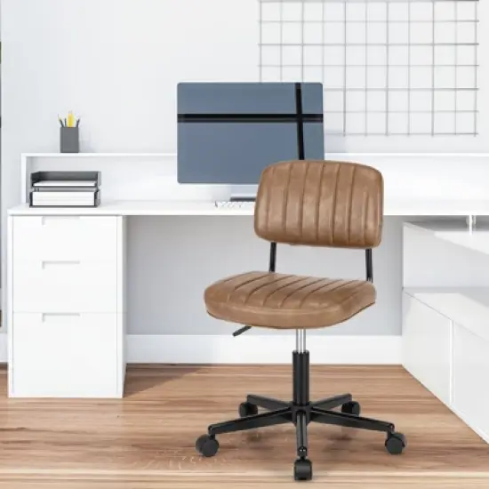 Tangkula Leisure Office Chair Mid-back Swivel Task Chair PU Leather Adjustable Armless Chair Retro Design Black / Brown image {1}