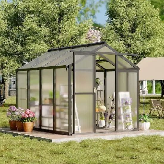 Sturdy Polycarbonate Greenhouse with Aluminum Frame - Adjustable Roof Vent, Sliding Door & UV Protection for Backyard Gardening image {2}