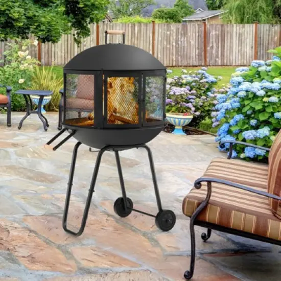 Tangkula Portable Fire Pit w/ Wheels 28" Wood Burning Fire Pit w/ Log Grate Poker Rolling Patio Fireplace Bonfire Firepit for Outdoor Entertaining image {9}