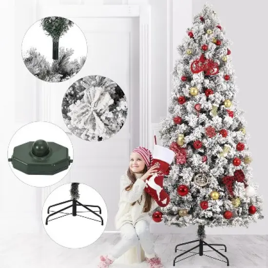 Artificial Christmas Tree with White Lights & Foldabe Metal Stand, Flocked Christmas Pine Trees for Home, Holiday Decoration image {5}