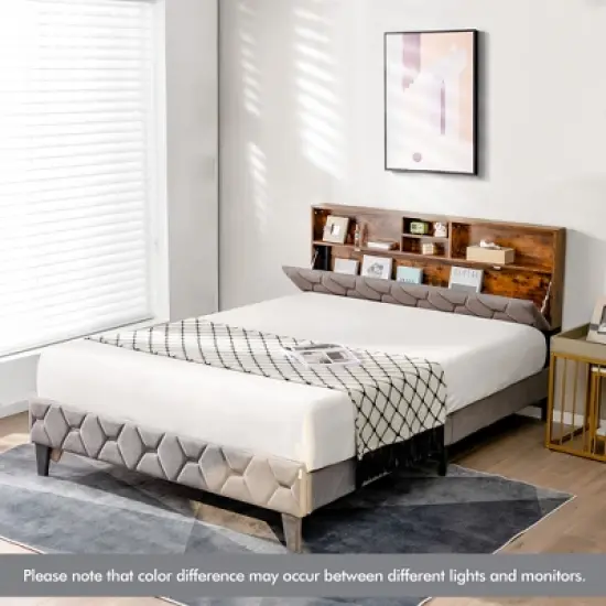 Costway Bed Frame Upholstered Platform Mattress Foundation with Storage Headboard image {4}