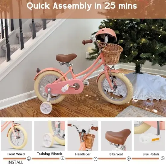 Itopfox Retro Cruiser Girls Bike for Children Ages 3-5 Years Old, Kids Bicycle with Wicker Basket & Training Wheels, Peach image {5}