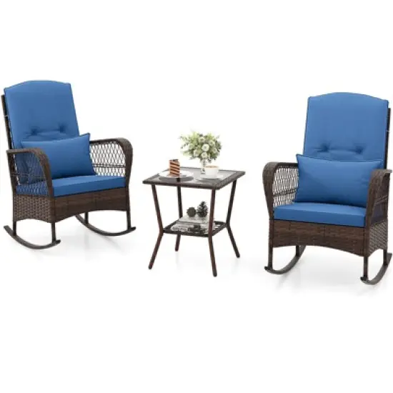 Tangkula 3 Piece Rocker Set Outdoor Wicker Rocking Chairs with Double-Layer Rattan Rocker Chair Set with Back Cushions & Pillows Beige/Gray/Blue/Red image {11}