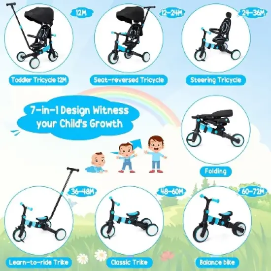 7-in-1 Foldable Baby Tricycle - Adjustable Parent Handle & Canopy - Safety Harness & Guardrail - Trike/Balance Bike for 1-6 Year Olds image {1}