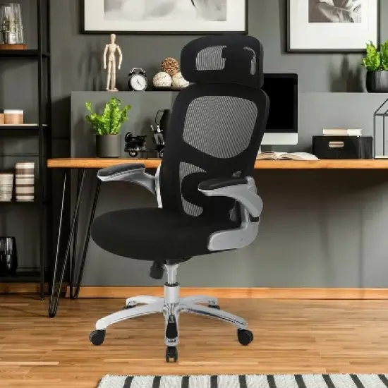 FDW Big and Tall Office Chair Home Office Chair & Sofa Desk Chair with Lumbar Support Flip UP Arms Headrest High Back Ergonomic Mesh Chair, Black image {6}